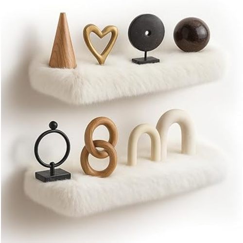 Care&More YJ 2 Pack Floating Shelves for Wall, Wood Shelf with Fluffy Soft White Shag Cover, Wall Mounted Rustic Shelves for Bathroom, Bedroom, Living Room, Kitchen, Hanging Shelf