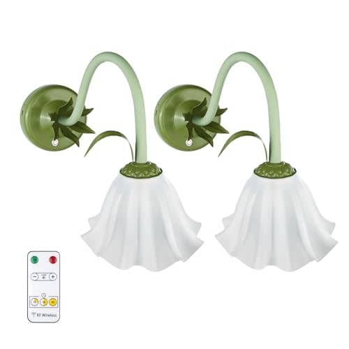 Battery Operated Cordless Flower Wall Sconce Set of 2 (Green), Stepless Dimming Magnetic Wireless Wall Lamp, 5200mAh Rechargeable Battery, for Living Room Bedroom Hallway Corridor
