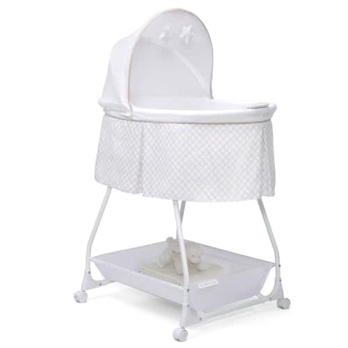 Delta Children Baby Bassinet, Bedside Sleeper with Vibration, Grey Lattice | Portable, Airflow mesh, soothing sounds and nightlight, 4 locking wheels, storage basket, waterproof pad and fitted sheet