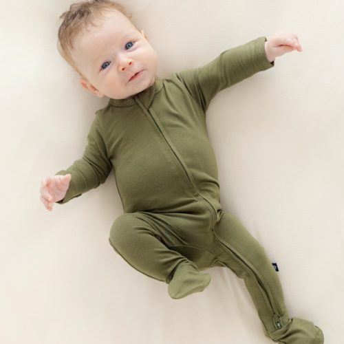 Larkspur Baby | Baby Footie Pajamas | Zip Footie in Olive, Size: 0-3M