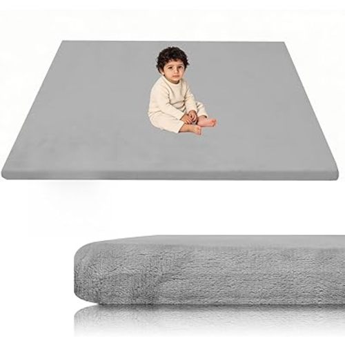 Velvet Baby Play Mat for Floor, 1.3" Thick Elasti-Foam 50"×50" Playpen Mat with Removable & Washable Velvet Cover for Toddler, Infant,Kids, Non-Slip Crawling Mat for Tummy Time (Grey)
