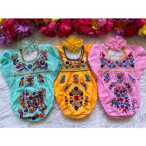 Mexican Embroidered baby and Toddler bodysuit with Headband Flower