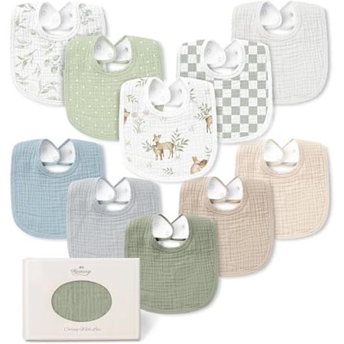 Konssy 10-Pack Muslin Baby Bibs for Drooling and Teething
