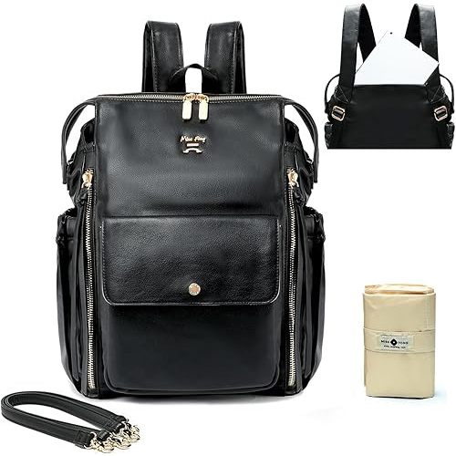 Miss Fong Leather Diaper Backpack - Baby Diaper Bag with 13 Pockets, Changing Pad, Stroller Straps, 4 Insulated Pockets (Black)