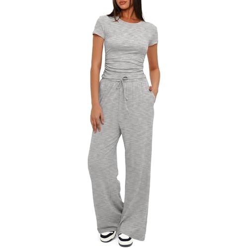 Darong Women's 2 Piece Set Outfits Lounge Sets Ruched Short Sleeve Tops High Waisted Wide Leg Pants Tracksuit Sets