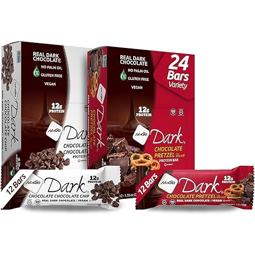 NuGo Dark Variety - Chocolate Pretzel 12 Bars & Chocolate Chocolate Chip 12 Bars, 12g Protein, Vegan, Gluten Free, Non-GMO, Kosher Pareve, 24 Count