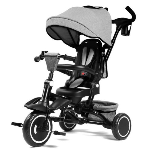 Kinder King 7-in-1 Kids Tricycle with Canopy, Adjustable Push Handle, One-Touch Brake, Lockable Front Wheel, All-Terrain Tires & Storage, Dark Gray