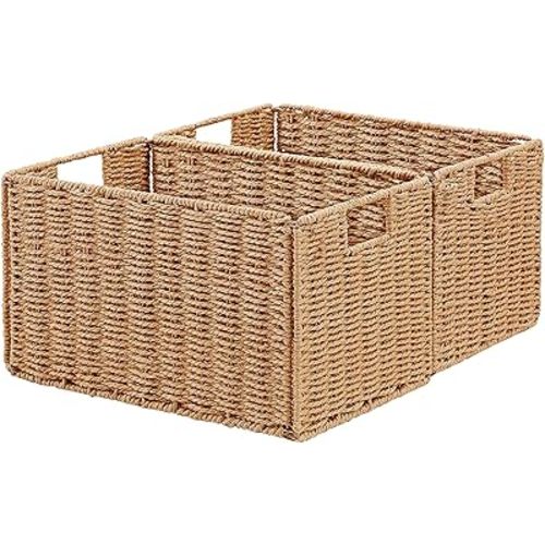 Vagusicc Wicker Storage Basket, Set of 2 Hand-Woven Paper Rope Wicker Basket, Small Storage Baskets for Organizing Toilet Paper Basket, Foldable Large Cube Storage Organizer Bins for Shelves (Natural)