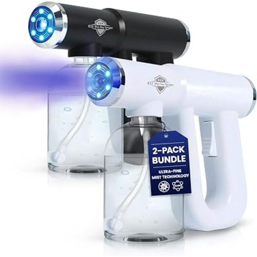 White + Black Professional Nano Spray Gun with Blue Light, Cordless Disinfectant Spray Bottle & Rechargeable Barber Spray Gun, Ultra Fine Mist Sprayer Continuous Spray Bottle for Home, Salon & Travel