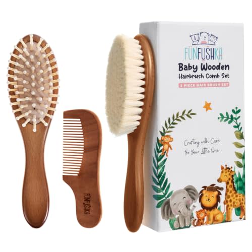 Baby Wooden Hair Brush and Comb Set for Newborn Toddler - Natural HairBrush with Soft Goat Bristle for Girl and Boy, Perfect for Cradle Cap (Oak)