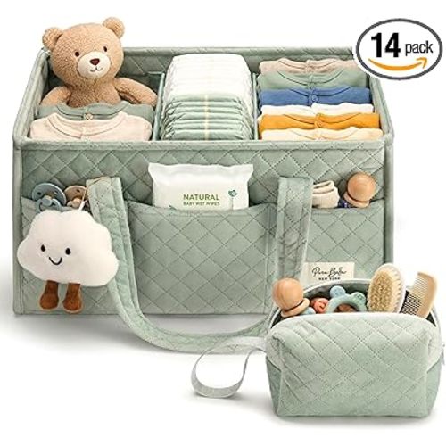 PeraBella Baby Diaper Caddy Organizer, Baby Basket Shower Gift, Portable Changing Table Basket, Postpartum Caddy & Tote Bag Pouch, Newborn Boy & Girl Nursery Essentials Registry, Car Diaper Organizer