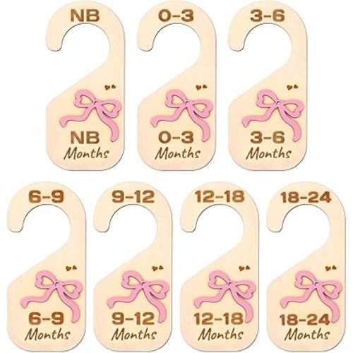 Bnesi Wooden Closet Dividers Wooden Bow Dividers for Closet Set of 7 Newborn Clothes Size Hanger Dividers from Newborn to 24 Months Pink Nursery Decor (Relaxing)