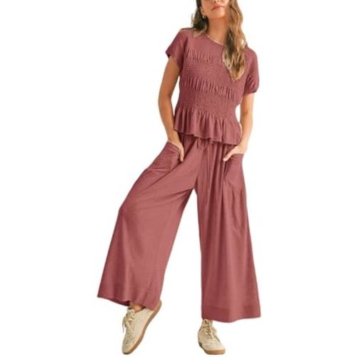 Womens 2 Piece Smocked Top Wide-Leg Pants Set High-Waisted Lounge Outfit with Pockets Casual Boho Matching Set