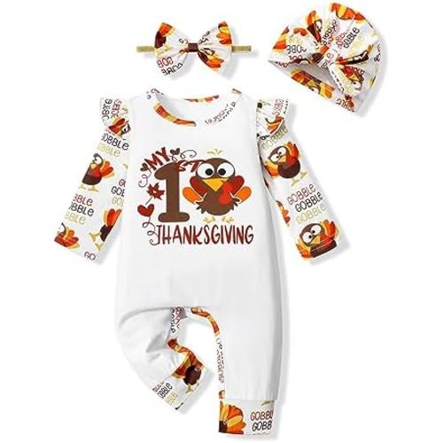 AGAPENG Baby Girl Thanksgiving Outfit My First Thanksgiving Turkey Romper Ruffle Sleeve Jumpsuit with Headband 3Pcs