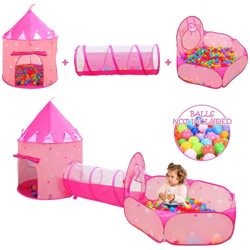 Wilwolfer 3pc Pink Kids Play Tent Ball Pit for Toddlers Girls with Baby Tunnel Pop up Princess Toys Indoor Outdoor