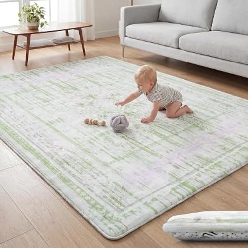 Huloo Sleep Baby Play Mat for Floor - 79x59 Inches 1.3" Thick Elasti-Foam Playpen Mat for Toddlers Infant Kids, Water-Repellent Nursery Rug, Non-Slip Backing for Crawling & Tummy Time, Sage & Blush