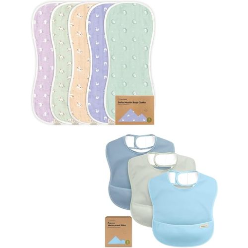 KeaBabies 5-Pack Muslin Baby Burp Cloths and 3-Pack Bibs