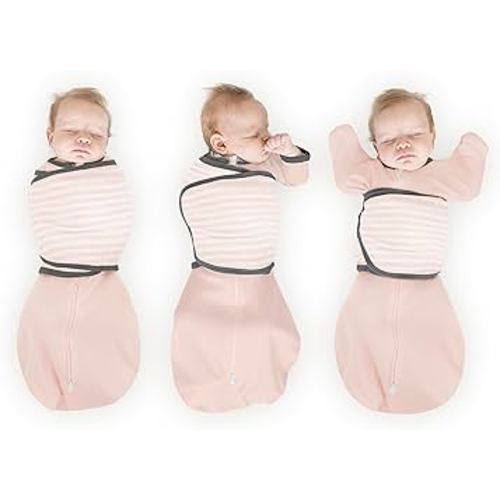 Omni Swaddle Sack by Amazing Baby - Transitional Swaddle with Arms Up Sleeves & Mitten Cuffs, Pink Stripes, Size Small, 0-3 Months