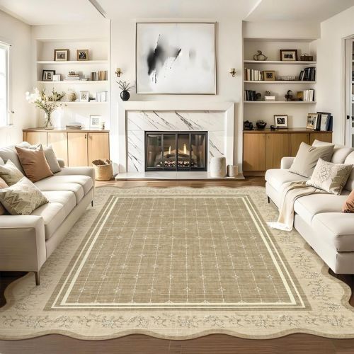 9'x12' Brown Modern Scalloped Floral Area Rug, Washable Soft Non Slip Low Pile Indoor Carpet, Farmhouse Rugs for Living Room Bedroom Office Kitchen