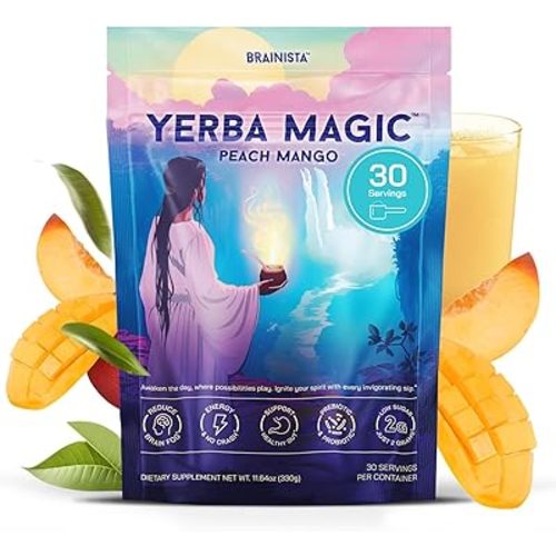 Yerba Magic – Yerba Mate Tea Instant Powder Super Drink with Nootropics, Prebiotics & Probiotics – Clean Energy, Mental Clarity & Gut Wellness | Low Sugar, Natural Caffeine – Peach Mango, 30 Servings