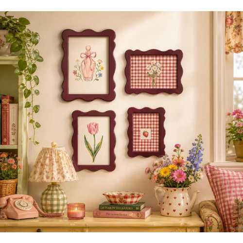 Burgundy Wavy Scalloped Picture Frames, 4x6/5x7/8x10 Sizes (Single/ Set), Cottagecore Farmhouse Decor, Wall & Tabletop Photo Frame Set