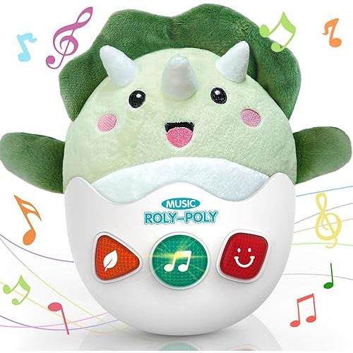 Baby Dinosaur Toys 0-3-6-12 Months, Musical Infant Toys with Light & Sounds, Soft Plush Stuffed Animal, Newborn Boys Girl 1st Birthday Shower Gift Basket Stuff, Roly-Poly Sensory Tummy Toy