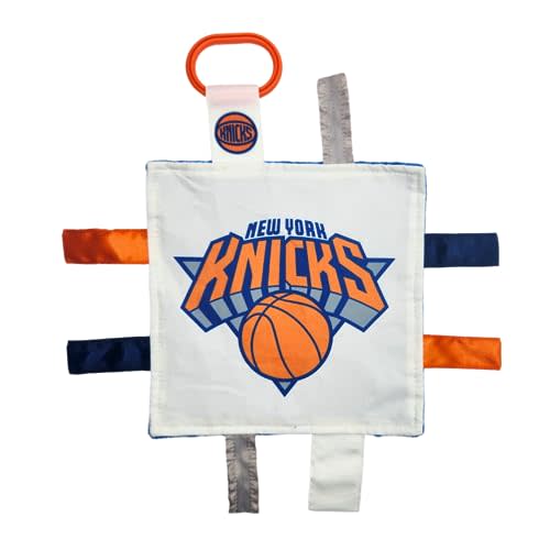The Learning Lovey New York Knicks Baby Tag Toy - NBA Basketball - Baby Sensory Crinkle Toys - Soft & Safe - Ideal Baby Stroller Toy - BPA Free w/Stroller Clip (8 x 8 Tag Toy)
