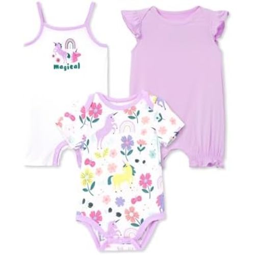 PATPAT Baby Girls Romper 3 - Pack with Bamboo Viscose, Newborn Footies with Snaps for Baby Infant Toddler Clothes Bodysuit