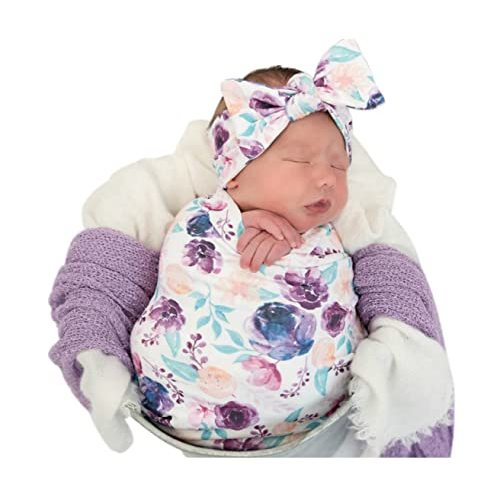 Terriboo Newborn Floral Print Blanket Baby Stretch Wrap Swaddle Blanket Receiving Blanket with Matching Headband and Beanie White