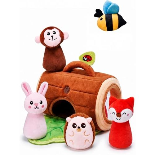 Baby Toys 6-12 Months, Woodland Stuffed Animals for Babies, Soft Plush Sensory Toy Set with Crinkle, Rattle, Mirror & Tree Stump Storage, Cause and Effect Baby Gifts for Boys Girls