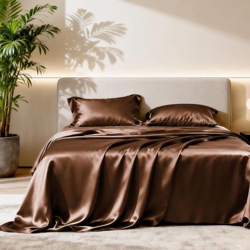 Love's cabin Full Size Satin Sheet Sets - 4 Piece Brown Silky Satin Sheet Set Full with Deep Pocket, Luxury Silk Feel Satin Bed Sheets Full Bedding Set (1 Flat Sheet,1 Fitted Sheet,2 Pillow Cases)