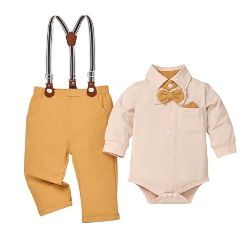 DOMOABEI Baby Boy Clothes Gentleman Outfits Infant Bodysuit Long Sleeve Shirt with Bowtie Suspender Pants Suits Set 0-18M