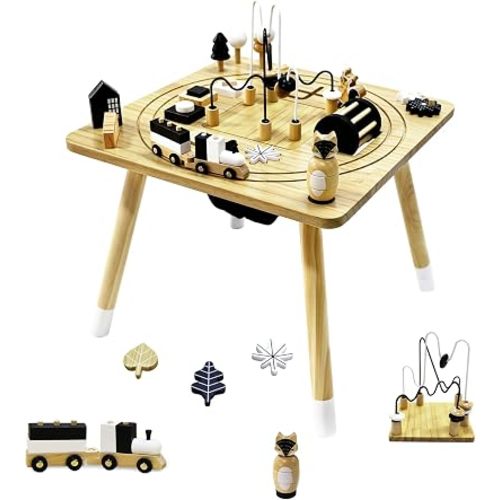 Wooden Montessori Activity Table for Toddlers 1-3, Kids Play Sensory Toy Table, Activity Center with Bead Maze, Shape Sorter, Train Track, Educational Learning Toys for Girls Boys