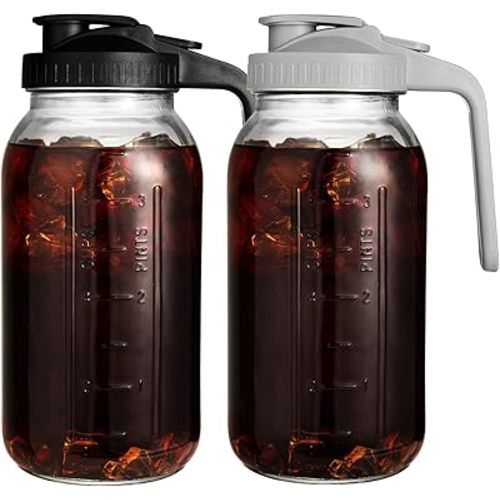 2 Pack 64 oz Glass Pitcher with Lid for Fridge, Half Gallon Pitcher with Lid, Leak Proof, Wide Mouth, 1/2 Gallon Glass Juice Jug for Ice Tea and Coffee (Black+Gray)