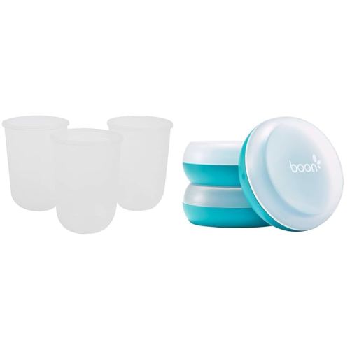Boon Nursh Reusable Replacement Pouch with Collapsible Silicone Pouch Design Gray - 8 Oz & Nursh Baby Bottle Storage Buns - Baby Bottle Holder for Nursh Baby Bottles Blue and White - 3 Count
