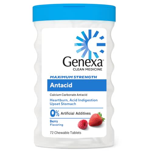 Genexa Antacid Made Clean, 72 Chewable Tablets, Berry Flavor | Calcium Carbonate Maximum Strength, Dye Free, 0% Artificial Additives, Heartburn, Acid Indigestion & Upset Stomach Relief