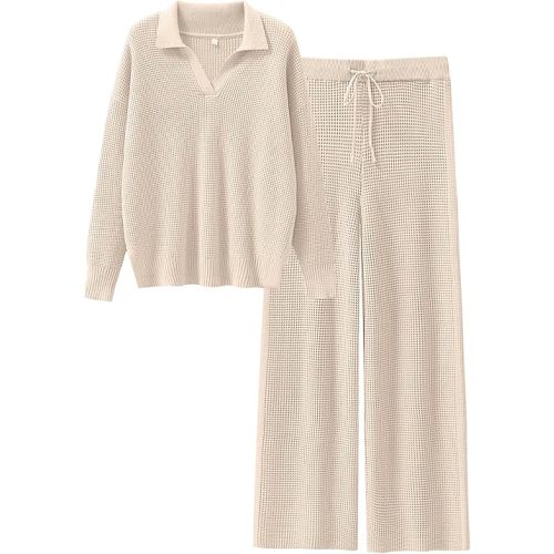 ANRABESS Women Two Piece Outfits Sweater Sets Lounge Waffle Knit Pullover Matching Wide Leg Pants Tracksuit 2025 Fall Fashion