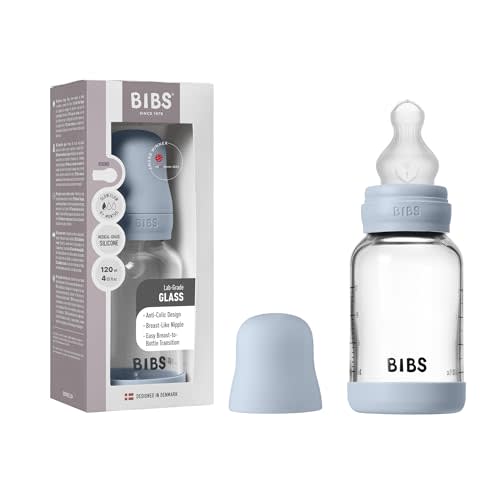 BIBS Baby Glass Bottle. 4 US fl oz / 120 ml. Anti-Colic. Vented Round Silicone Nipple. Supports Natural Breastfeeding, Slow Flow, Complete Set - Baby Blue
