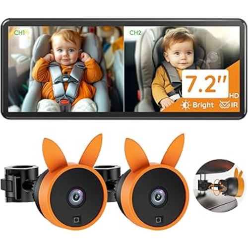 Babyvue BV3 PRO Dual Baby Car Camera – See 2 Kids Clearly with 7.2" HD Screen, 1080P Night Vision, 3-Level Brightness, Rear-Facing Monitor for SUV/Truck