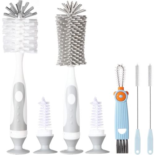 5-in-1 Baby Bottle Brush Set, Bottle Brush Cleaner, Bottle Cleaner Brush Set, Including Nylon and Silicone Bottle Brush, Bottle Cap Brush, Straw Brush, Nipple Brush, BPA-Free (Grey) - Grey-nylon Silicone