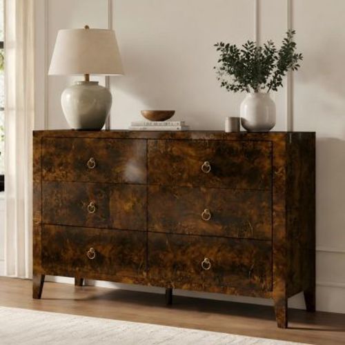AMERLIFE 6 Drawer Dresser, Mid-Century Modern Wood Storage Cabinet with High Gloss Finish, Brown