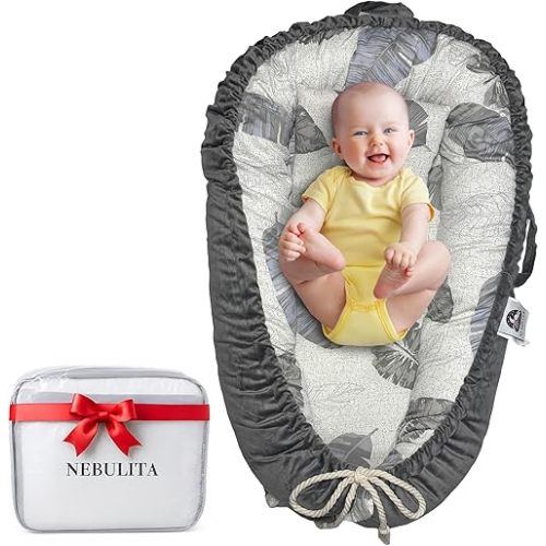 Newborn Lounger Leaf - Flexible & Portable w/Infant Support Cushion, Soft & Breathable 100% Cotton - Multi-Use Supervised Baby Lounger for Floor, Travel, Changing Mat Alternative - Basic