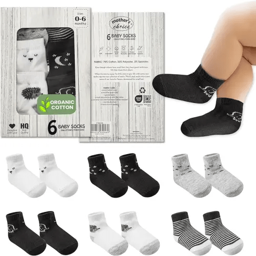 Mother's Choice Organic Cotton Baby Socks 0-6 Months - 06 pairs Unisex, Infant Black Socks, Soft Ankle Girls & Boys, Cozy Newborn Socks and Baby Gift Slipper Sock, Ideal In Daily Handling