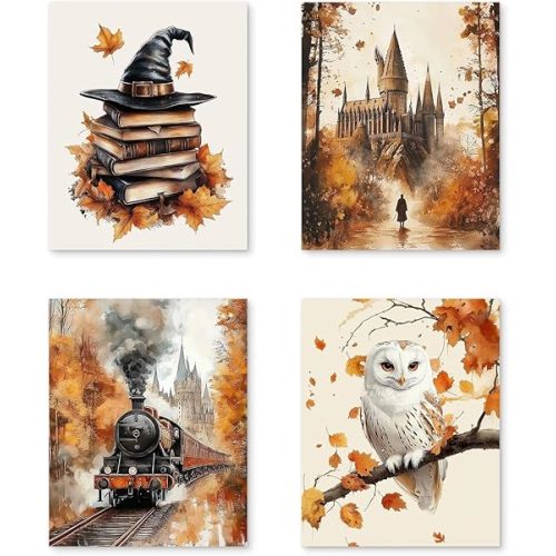 PUHEI Vintage Magical Fall Wall Art Prints Set of 4, Magical Witchy Book Castle Train Owl Autumn Wall Posters Decor for Kids Room Bedroom, Magic Gifts for Kids Poster Prints (8x10 Inches UNFRAMED)