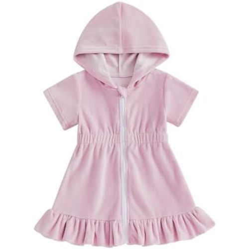 Multitrust Toddler Baby Girls Terry Swim Cover Up Ruffled Hooded Bathing Suit Coverup Zip Up Elastic Waist Beach Cover-Up