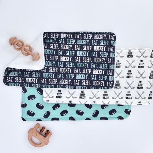 Hockey Baby Burp Cloth Set Three Pack Infant Gift Shower Present Sports Room Decor Blue Puck Design Newborn Blanket Cotton Soft Terry Back