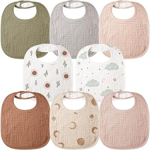 Bearmoss Muslin Baby Drooling Bibs 8 Pack, 100% Cotton Square Adjustable Bandana Bibs for Baby Girls Boys Teething Drool (Brown Print)