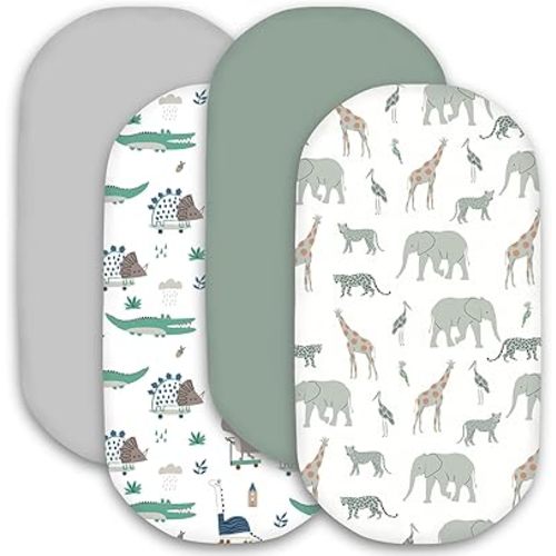 Little Grape Land Bassinet Sheets for Baby Boys Girls 4 Pack, 33" x 18" Extra Soft Breathable Fitted Bassinet Sheets, Bedside Sheets Fit for Oval Rectangle and Hourglass Bassinet Mattress (Safari)