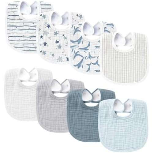 Konssy 8-Pack Muslin Baby Bibs, Adjustable Fit for Drooling and Teething