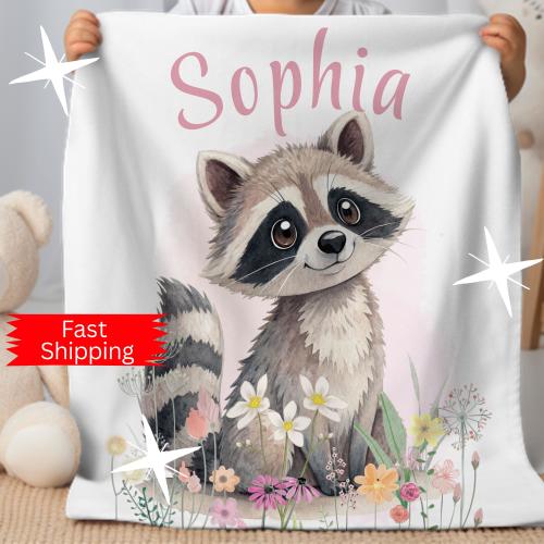 Raccoon Personalized Baby Girl Blanket, Flower Name Blanket, Name Baby Blanket, Baby Gift Blanket, Baby Shower Gift for Raccoon Lover